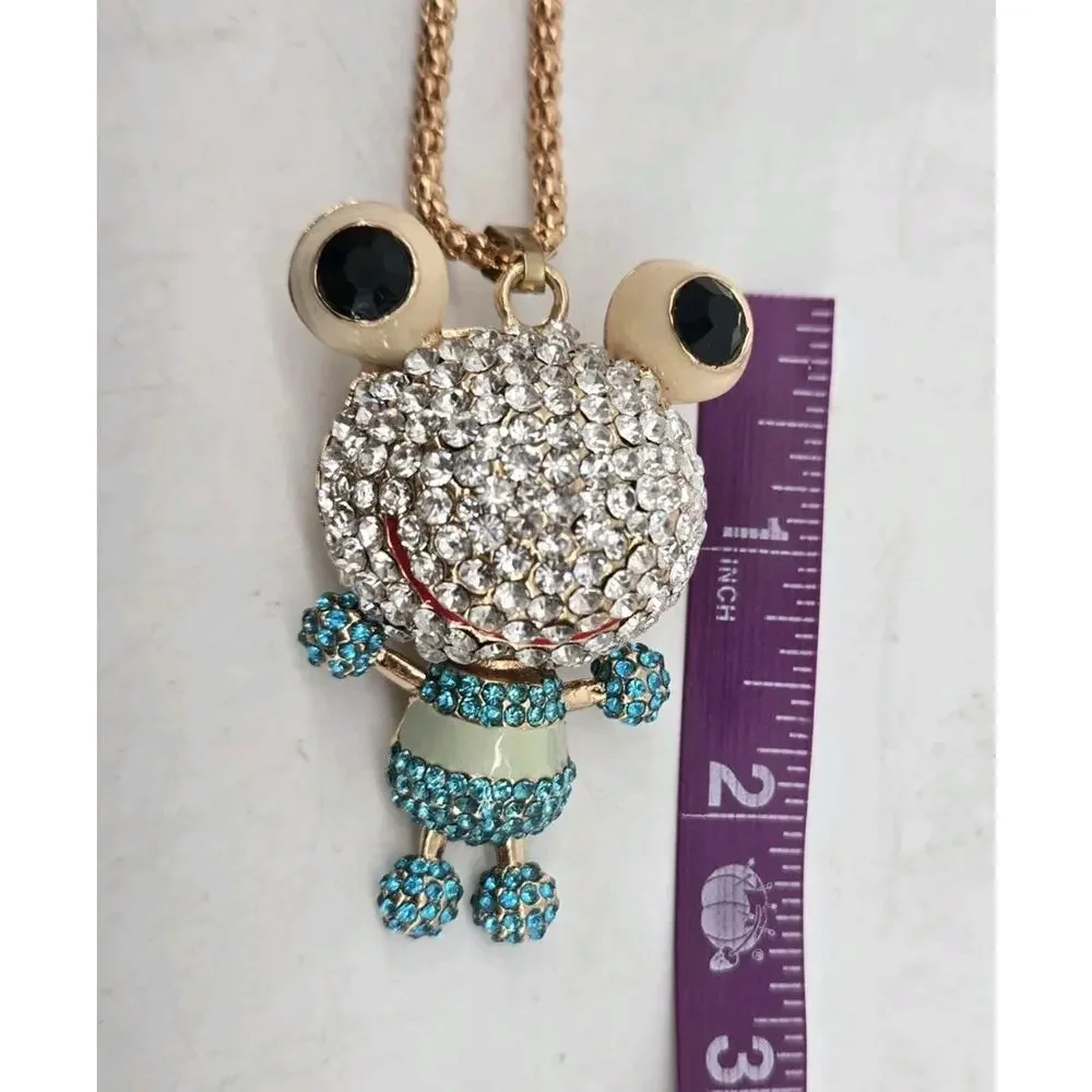 Y2K Bling Whimsical Rhinestone Frog Pendant Necklace Betsey Johnson NOS